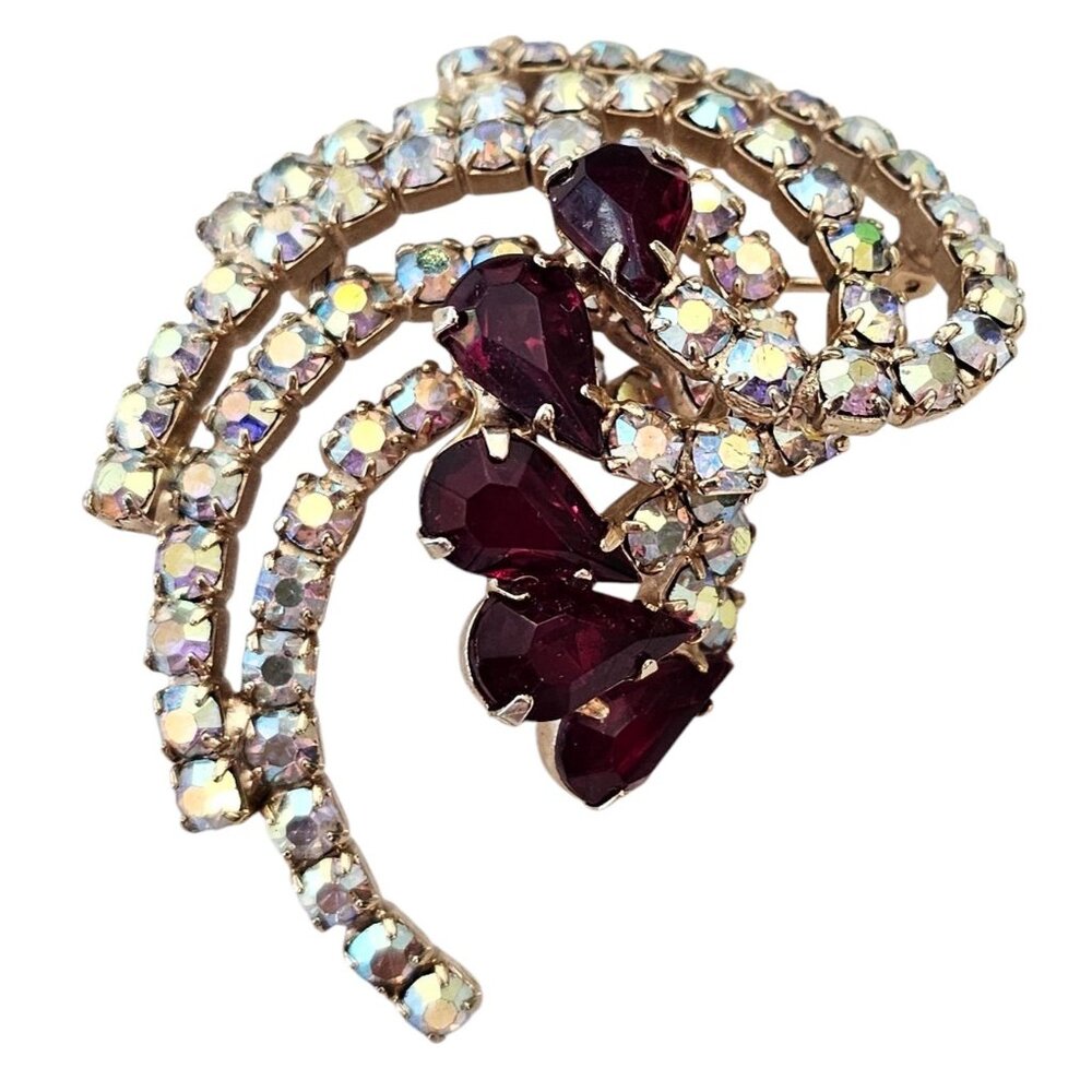 Gold Tone Red Pear Snowflake AB Rhinestone Swirl Brooch Cluster Pin J86